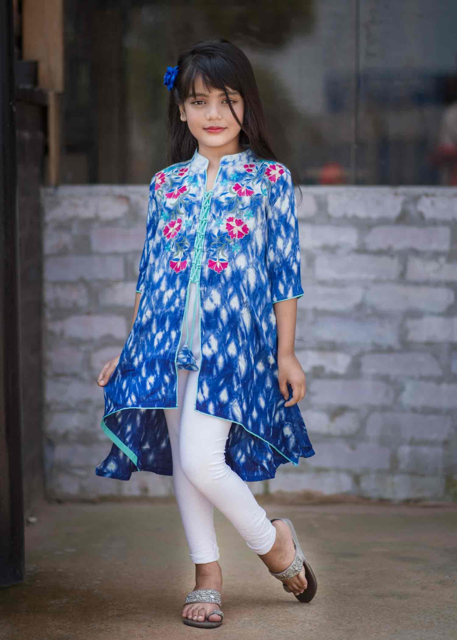 Kinder Kids Girls Blue Printed Pure Cotton Kurti with Trousers - Absolutely  Desi